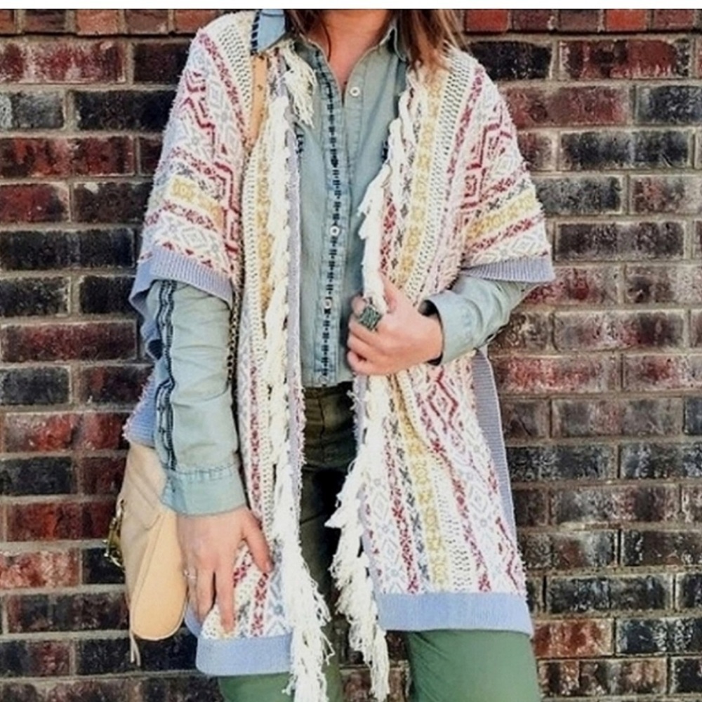 CABI Siesta Poncho Striped Textured Knit Fringe Boho Medium/Large Artsy Cotton - Picture 11 of 11